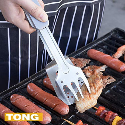 ROXON 4 in 1 Compact Mini BBQ Barbecue Combo Tool Set with Spatula, Fork, Tongs and Bottle Opener for Hiking Camping (Grey)