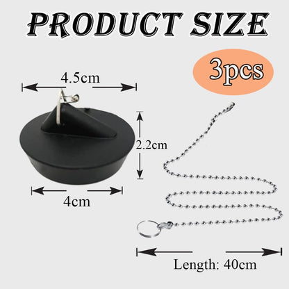 Lxtness 3 Pcs Universal Rubber Bath Plug and Chain - Bathroom Sink Plug Drain Stopper 45mm with Stainless Steel S Hook Chain 400mm Length