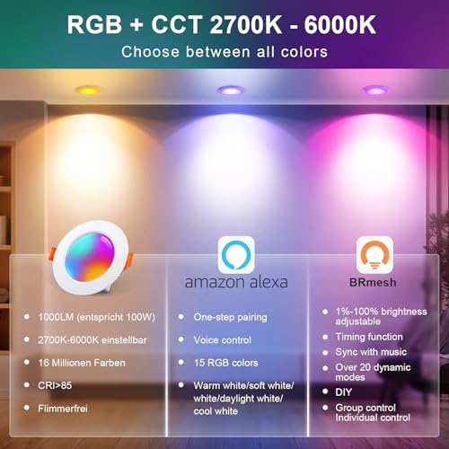 VARICART Smart LED Downlights for Ceiling Alexa, 10W Bluetooth RGB Colour Changing Spot Lights 2700K-6000K, Dimmable Recessed Ceiling Lights, APP Control for Living Room Bedroom Kitchen, 6 Pcs