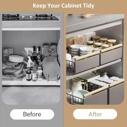 Pull Out Cabinet Organiser, pull out kitchen storage Foldable, Kitchen Cupboard Organiser with Handle, No Drill Adjustable Drawers, Slide Out Drawers for Kitchen Cabinets, grey, 23.5*19.5*39.5~56.5cm