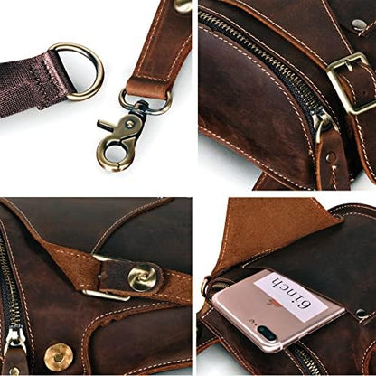 Le'aokuu Mens Genuine Leather Messenger Shoulder Bag Waist Bag Pack Drop Leg Bag Motorcycle 833