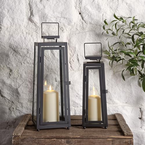 Lights4fun Set of 2 Outdoor Garden Solar Powered Black Metal Decorative TruGlow® LED Candle Lanterns Lights IP44 Waterproof
