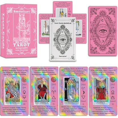 Smoostart Pink Holographic Tarot Cards with Meanings, Tarot Cards Deck with Guidebook for Beginners, Keywords, Element, Planet, Zodiac, Chakra, Yes or No, Musical Pitch, Numerology, Hebrew Alphabet