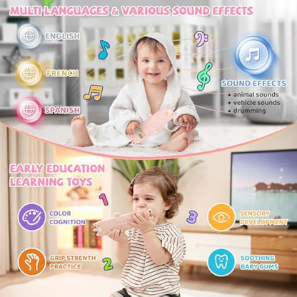 Baby Remote Control Toy with Silicone Teether Cover - Baby Musical Toys, Early Number Learning in 3 Languages (English, Spanish & French), Preschool Infant Girl Toys 6, 9, 12, 18 Month.