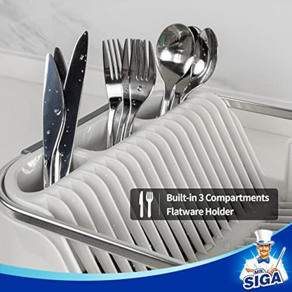 MR.SIGA Dish Drying Rack for Kitchen Counter, Compact Dish Drainer with Drainboard, Utensil Holder and Cup Rack, Plastic Kitchen Drying Rack for Dishes, Cups, Knives, Spoons and Forks, White