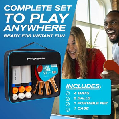 PRO SPIN Portable Table Tennis Set | Premium All-in-One Kit with Retractable Table Tennis Net for Any Table, Bats, 3-Star Ping Pong Balls & Storage Case | Great Gift & Indoor/Outdoor Game