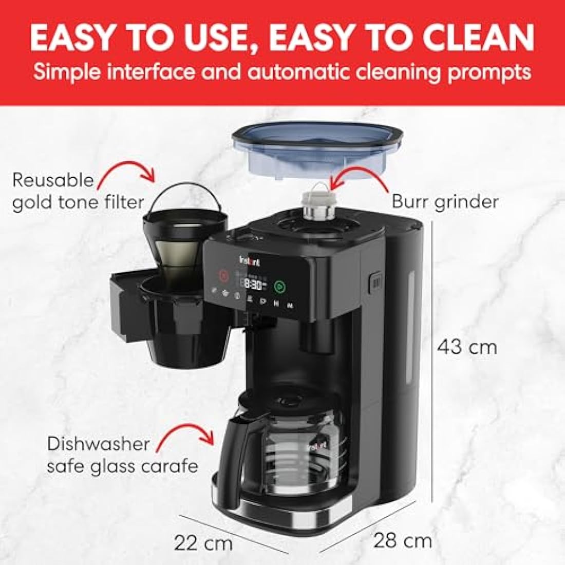 Instant Grind and Brew Bean to Cup Coffee Maker, 24 Hour Programmable Filter Coffee Machine, Reusable Filter, Glass Carafe, Digital Display - 4-10 cup Customisable Brewing & Automatic Bean Grinder