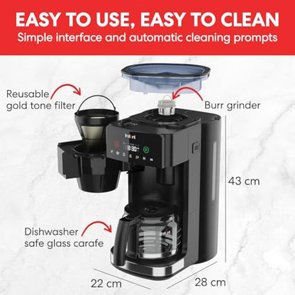 Instant Grind and Brew Bean to Cup Coffee Maker, 24 Hour Programmable Filter Coffee Machine, Reusable Filter, Glass Carafe, Digital Display - 4-10 cup Customisable Brewing & Automatic Bean Grinder