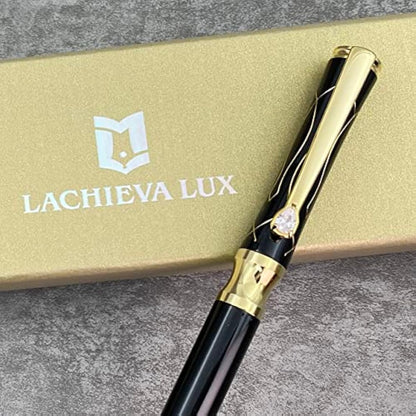 LACHIEVA LUX Black Elegant Crystal Executive Metal Ballpoint Pen with German-made P900M Refills, Luxury and High end Writing Instruments for women-Black