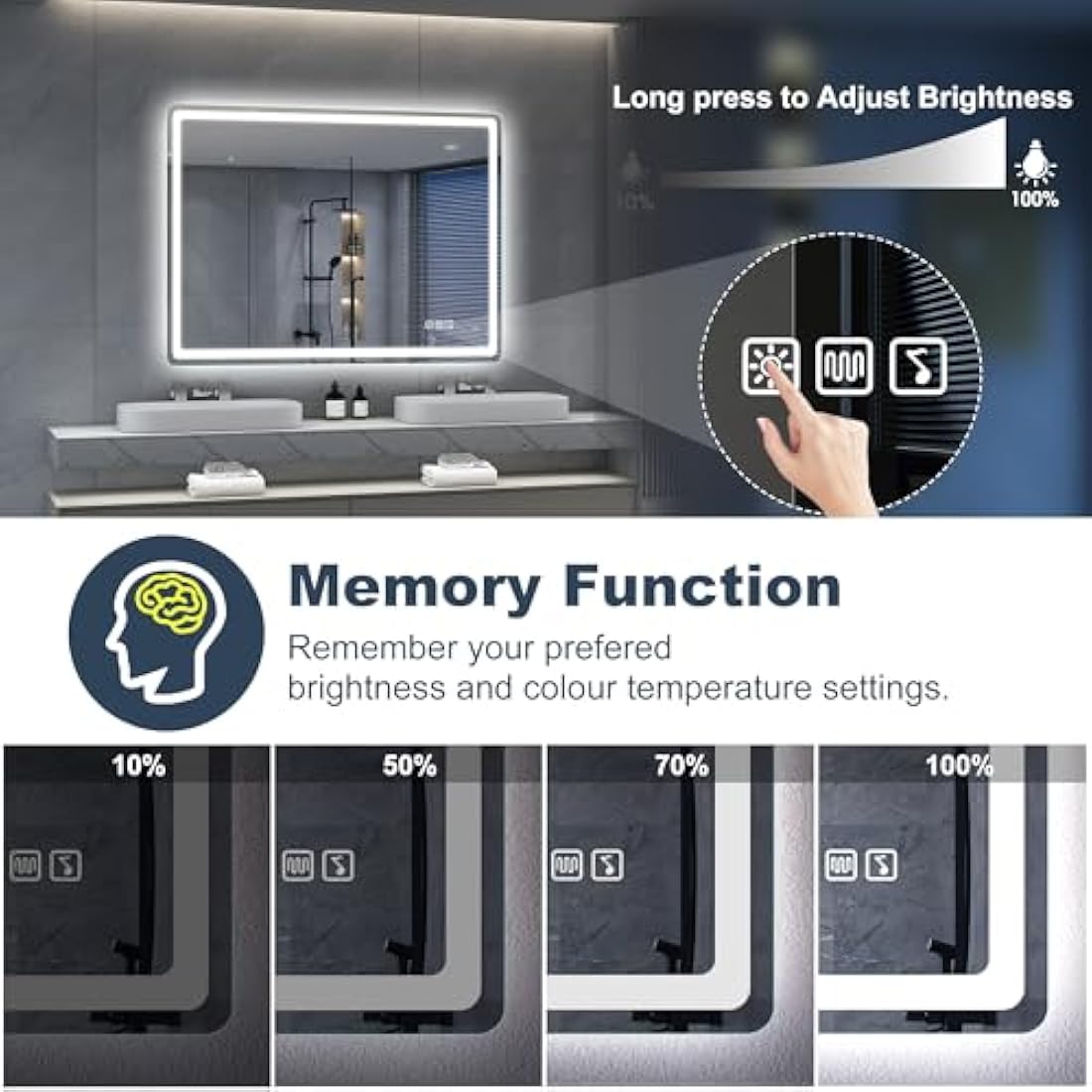 S'bagno Bluetooth-Bathroom-Mirror-with-LED-Lights 1000x700mm, LED-Bathroom-Mirror with Defogging Mat, 3000K-6500K, Dimmable, Memory, HD Tempered Glass, IP44 Waterproof, Horizontal/Vertical