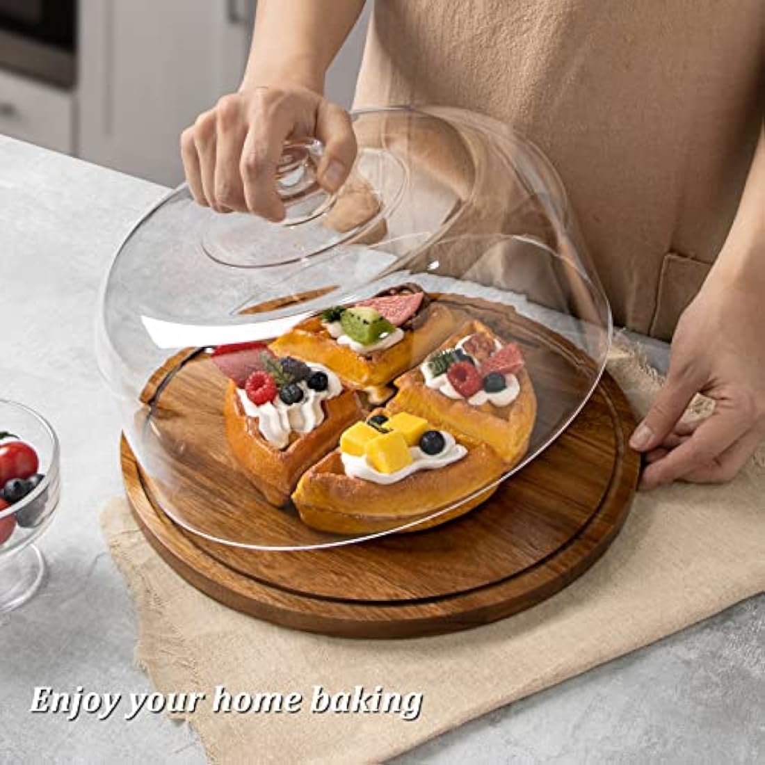 ANBOXIT Cake Stand with Dome Lid, Acacia Wood Cake Plate with Cover, Wooden Cake Display Stand with Acrylic Dome ( Flat )