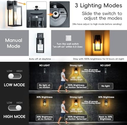 Aranzyec 2 X Motion Sensor Outdoor Wall Lights, Upgrade Dusk to Dawn Wall Sconce, Waterproof Porch Light Fixtures Wall Mount for Entryway Doorway Garage, E27 Socket, PIR Motion Activated