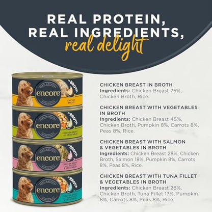 Encore 100 Percent Natural Adult Wet Dog Food, Chicken and Fish Selection Multipack in Broth 156g Tin (5 x 156g Tins)