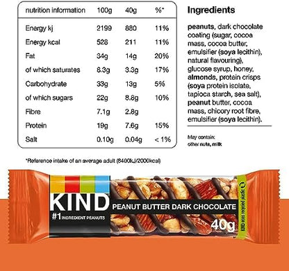 KIND Bars, Gluten Free Snack Bars, Peanut Butter Dark Chocolate, Healthy Snack, No Artificial Colours, Flavours or Preservatives, Multipack 24 x 40g