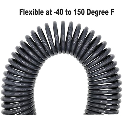 YOTOO Air Compressor Hose Polyurethane Recoil 15m Long 6mm ID x 9.5mm OD with Bend Restrictor, 1/4" Europe Quick Coupler and Plug, Gray
