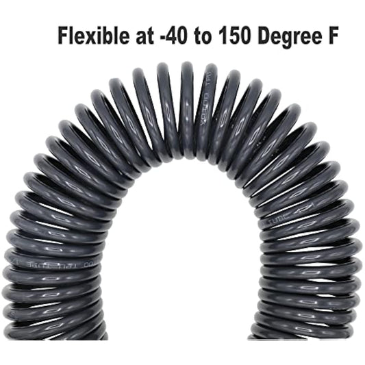 YOTOO Air Compressor Hose Polyurethane Recoil 15m Long 6mm ID x 9.5mm OD with Bend Restrictor, 1/4" Europe Quick Coupler and Plug, Gray