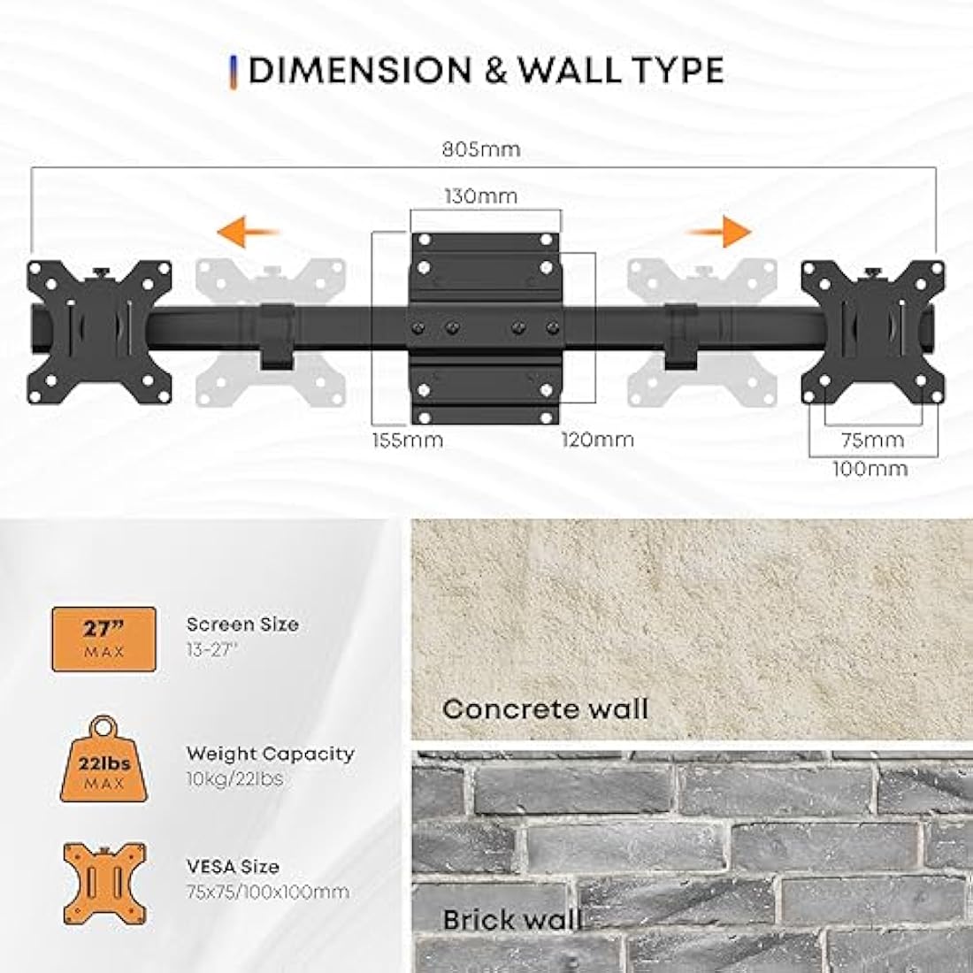 Dual Monitor Wall Mount, Single to Double VESA Adapter for 2 Displays 13 to 27 inch, Horizontal Assembly Max. 10kg, VESA 75x75/100x100mm