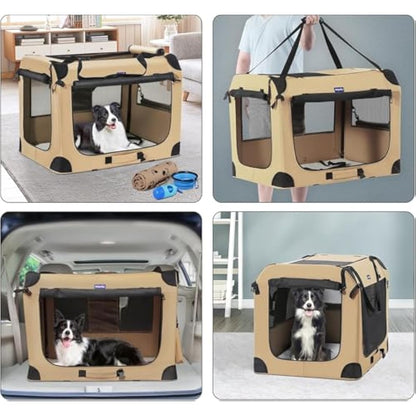 Petprsco Portable Dog Crate, Collapsible Dog Travel Crate 81x58x58 cm with Soft Blanket Foldable Bowl and a Poop Bag with Dispenser for Medium & Large Dogs