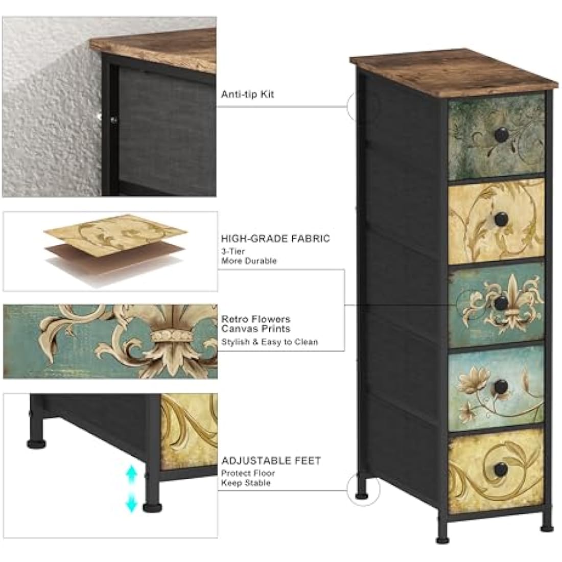 VEDECASA Chest of Drawers with 5 Drawer Narrow Dressers for Bedroom Small Place Storage Tower Unit Bedroom Drawers for Bathroom Kitchen Living Room Hallway Entryweay Wooden Top Sturdy Metal Frame