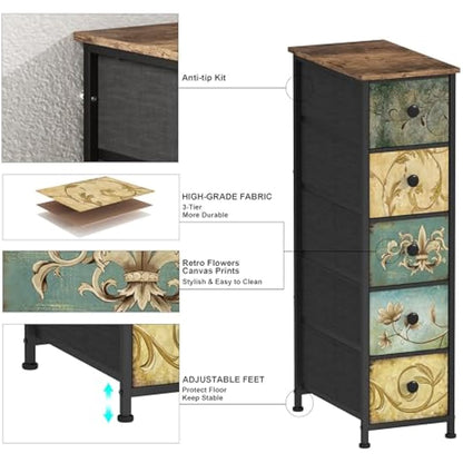 VEDECASA Chest of Drawers with 5 Drawer Narrow Dressers for Bedroom Small Place Storage Tower Unit Bedroom Drawers for Bathroom Kitchen Living Room Hallway Entryweay Wooden Top Sturdy Metal Frame