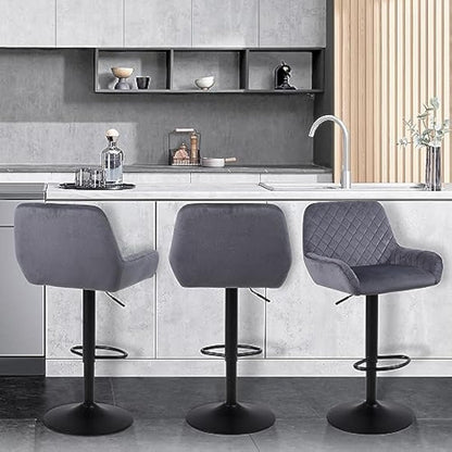 ralex-chair Bar Stools Set of 2, Height Adjustable Velvet Fabric Swivel Barstool Bar Chairs, Breakfast Dining Stools With Backrest and Armrest for Bar, Counter and Kitchen, Grey