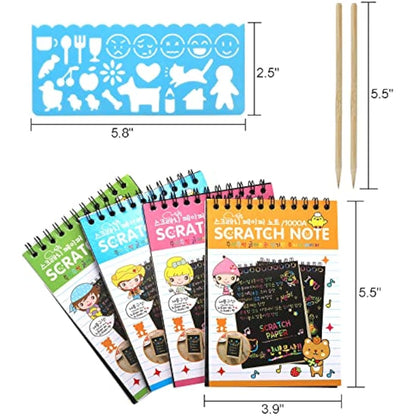 Suwimut 24 Pack Rainbow Scratch Paper Art Notebooks, Scratch Note Pads Rainbow Scratch Paper Black Scratch Off Note Sheet with 24 Wooden Stylus & 4 Drawing Stencils for People Birthday Gift