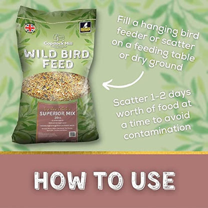 Copdock Mill Wild Bird Seed Superior Mix 20kg - All Year-Round Bird Seeds for Small Garden Birds - 100% Natural Nutritional Feed with Black Sunflower and Nyjer Seeds