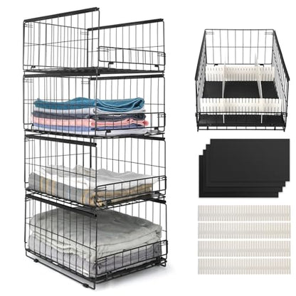 Wuciray Pack of 4 Wardrobe Storage Organiser Clothes Organiser For Wardrobe Clothes Deep Drawer Storage Boxes For Wardrobe Stackable Closet Storage