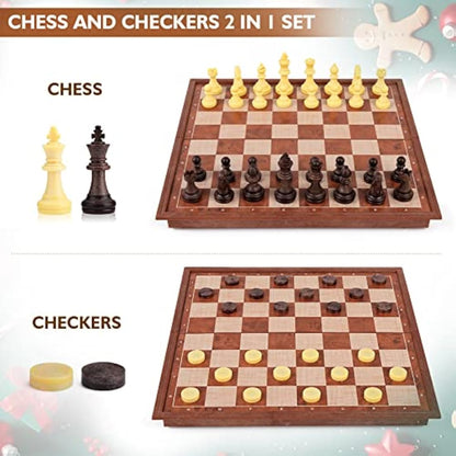 Peradix Chess Set and Draughts Board Games 2 in 1 | Magnetic Chess Checkers Board Toys | Travel Folding Board and Chess Piece for Kids and Adult (25x25cm), Brown
