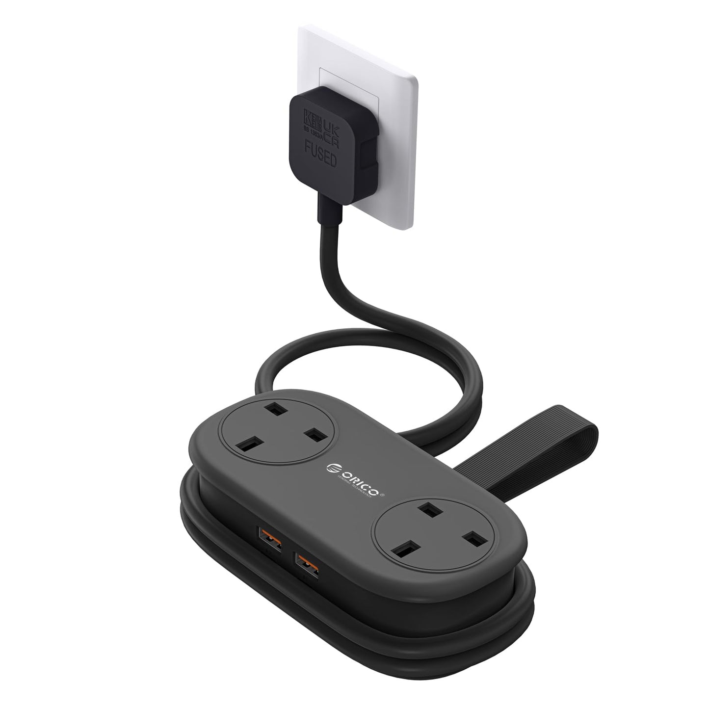 ORICO 65W GaN Travel Extension Lead with USB Slots (2 USB-A/2 USB-C), Flat Plug Power Strip with 3 Way Plug Extension Socket and 1.6M Extension Cord,