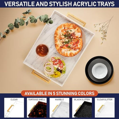 Acrylic Serving Tray with Gold Handles, 16" x 12" Decorative Trays for Coffee Table, Spill Proof Food and Drinks Server, Ottoman Tray for Countertop, Kitchen, Vanity, Serving Party Platter (Marble)