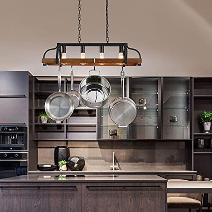 WUZUPS 4-Light Metal Pot Hanging Rack Chandelier Imitation Wood Grain Linear Pendant Ceiling Lighting Rustic Farmhouse Fixture Kitchen Island Dining Room, H25 x L88 x W30, E27 Base, Black