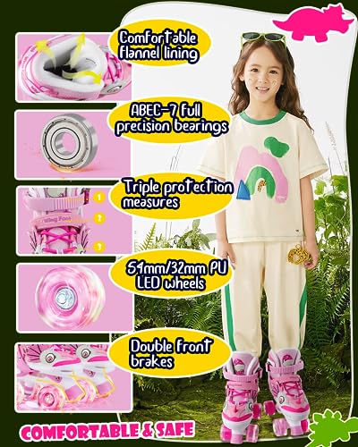 WESKIFAN Dino Kids Toddler Roller Skates for Boys Girls Dinosaur Quad Skating Shoes with Shiny Light up Wheels Adjustable Sizes Beginners rollerskates