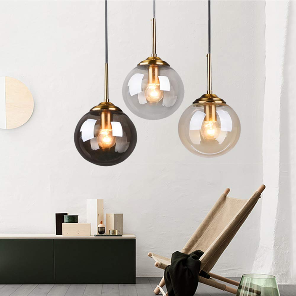 MZStech Industrial Retro Loft 3 Way Pendant Light, Cluster Chandelier Hanging Lamp Fixture Brass Fittings with Glass Globe Lampshade (Amber)