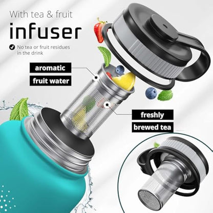 Stainless Steel Water Bottle with Straw & 3 Lids: 1 & 0,5L Leak-Proof BPA-Free Vacuum Insulated ACTIVE FLASK Drinking Bottles Hot Cold: Double Walled Outdoor Drink Thermo Mug Tea Coffee Sport Gym Bike