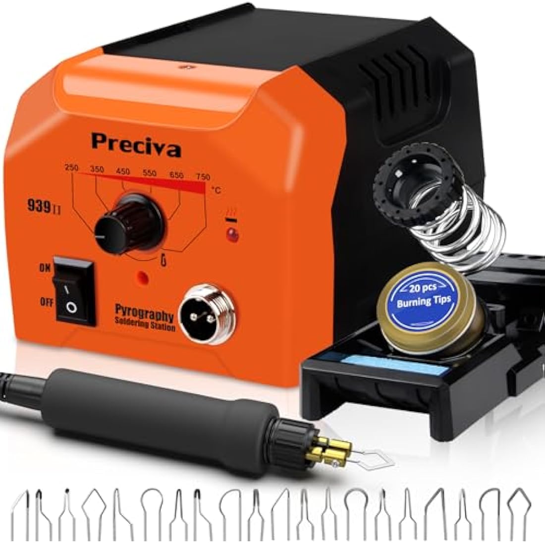 Wood Burning Pyrography Kit, Preciva Woodburner Pen Tool Set with Fast Heat Up Soldering Iron Station, 40W 250-750℃ Adjustable Temperature, 20 Tips and Stand for Engraving Craft