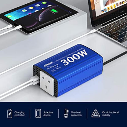 GIANDEL Pure Sine Wave Power Inverter 300Watt Car Adapter Converts 12V DC to 240V 230V AC with 4.8A Dual USB and AC Outlet for Tablets Laptops Smartphones Blue