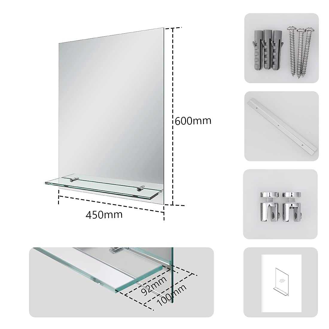 EMKE Frameless Mirror with Shelf - Small Bathroom Wall Shaving Mirror with Storage, Rectangle Vanity Mirrors 45x60cm