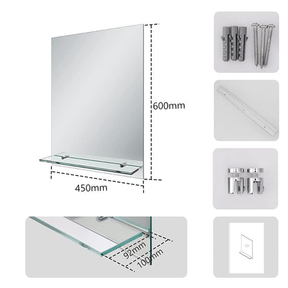 EMKE Frameless Mirror with Shelf - Small Bathroom Wall Shaving Mirror with Storage, Rectangle Vanity Mirrors 45x60cm
