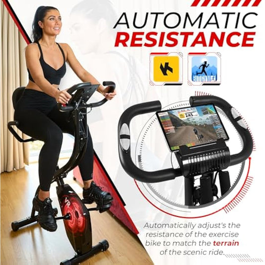 SmartXBike Pro 4-in-1 Exercise Bike Folding Indoor Cycling Fitness Bike with Magnetic Auto Resistance, FTP Power Training for Home Gym, Bluetooth Smartphone App Compatible with Kinomap, VZfit VR