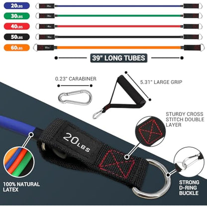 TheFitLife Exercise Resistance Bands with Handles - 5 Fitness Workout Bands Stackable up to 110/150/200/250/300 lbs, Training Tubes with Large Handles, Ankle Straps, Door Anchor, Carry Bag