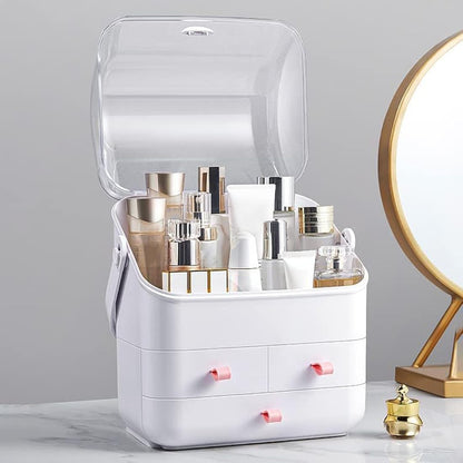 LINFIDITE Cosmetic Storage Box with Lid Makeup Organizer Box with Dust Free Cover Portable Handle,Large Makeup Display Case with Drawers Fully Open Lid,Great for Bathroom Countertop Bedroom Dresser