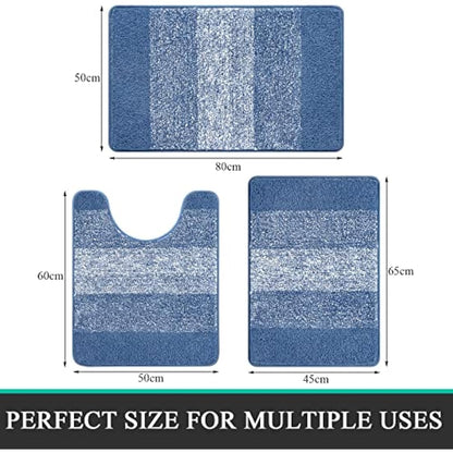 Enyhom Microfiber 3 Piece Bath Mat Sets Non Slip Bath Rugs and Pedestal Mats for Bathroom Washable Absorbent Bathroom Floor Carpet Rug Toilet Rug, Blue