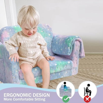 MeMoreCool Kids Couch, Folding Kids Sofa Bed, Toddler Convertible Sofa Chair to Lounger Pull Out Couch for Playroom, Glow In The Dark