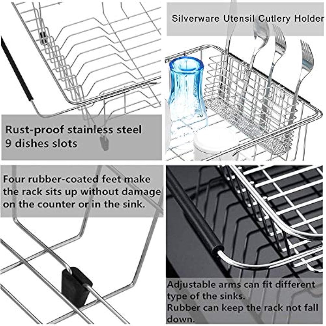 SANNO Expandable Dish Drying Rack with Utensil Cutlery Holder, Dish Drainer Shelf Dish Rack in Sink On Counter with Utensil Silverware Cutlery Holder, Rustproof Stainless Steel