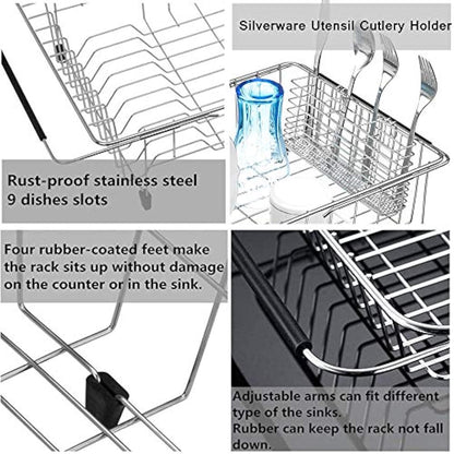 SANNO Expandable Dish Drying Rack with Utensil Cutlery Holder, Dish Drainer Shelf Dish Rack in Sink On Counter with Utensil Silverware Cutlery Holder, Rustproof Stainless Steel