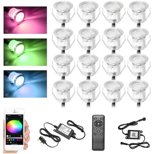 GEYUEYA Home RGB Decking Lights Kit, Ø30MM 12V 0.5W Bluetooth APP Control LED Recessed Deck Lights for Deck Patio Terrace Pathway Decoration - 20 Packs