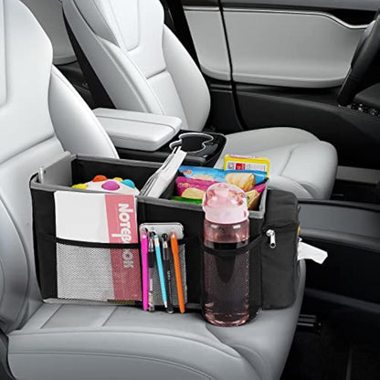 Alijees Car Seat Organiser - Car Caddy Accessories Organiser Back Seat for Kids, Car Boot Storage Backseat Organiser Front Seat With Cup Holders, Tissue Box, Multiple Mesh Pockets, Black