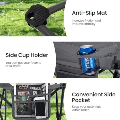 ALPHA CAMP Set of 2 Folding Camping Chairs with Cooler Bag & Cup Holder & Side Pocket Up to 120kg, Lightweight and Portable Camping Chair for Adults, Grey
