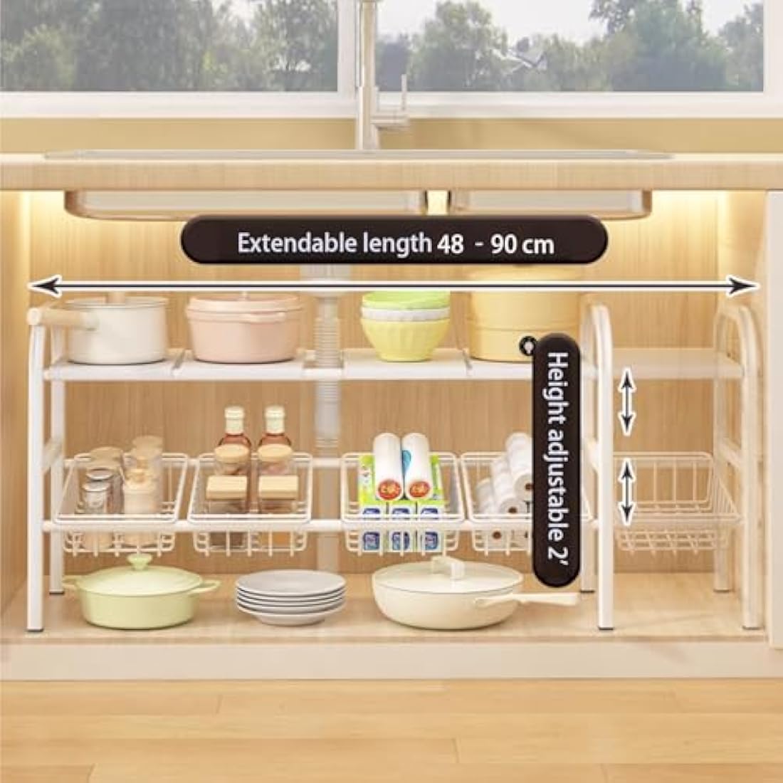 Under Sink Storage Kitchen Organiser,2 Tier Extendable Under Sink Shelf Organiser,With 5 Removable Panels And 5 Storage Basket,Stainless Steel Pipes - White